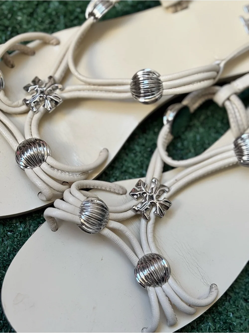 Tory Burch White Leather Sandals with Silver-Tone Accents